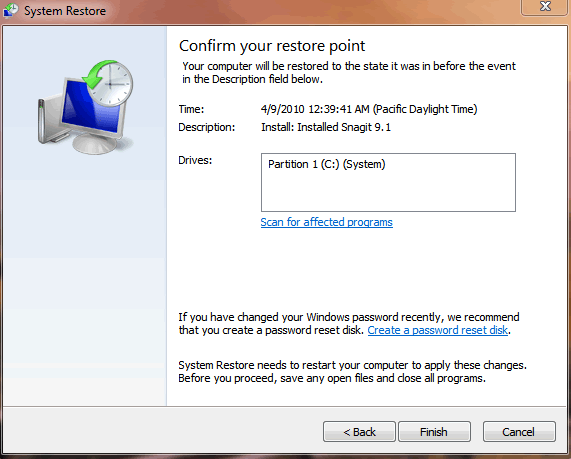 confirm system restore point in windows 7