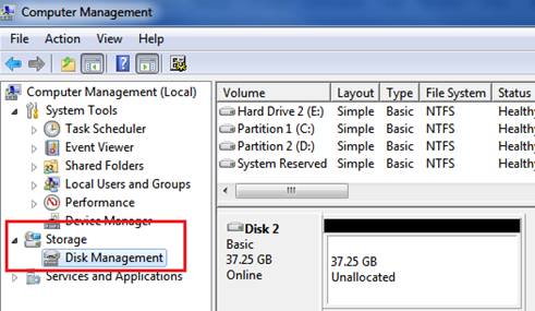 computer management disk management option windows 7