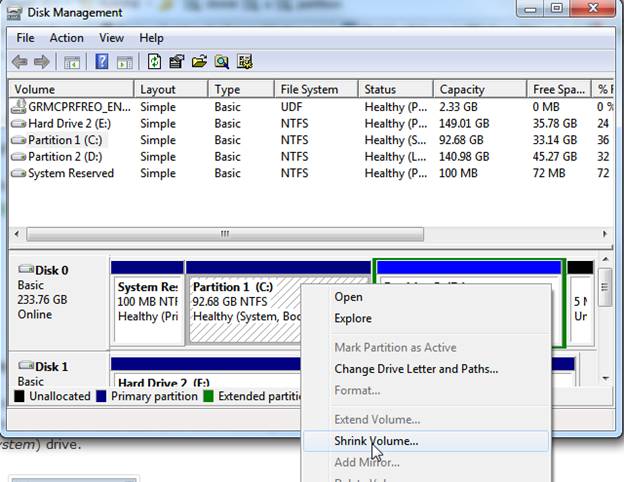 shrink a volume in windows 7 and vista