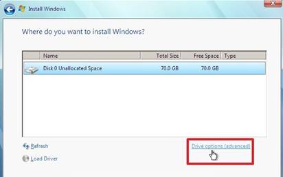 windows 7 drive options advanced