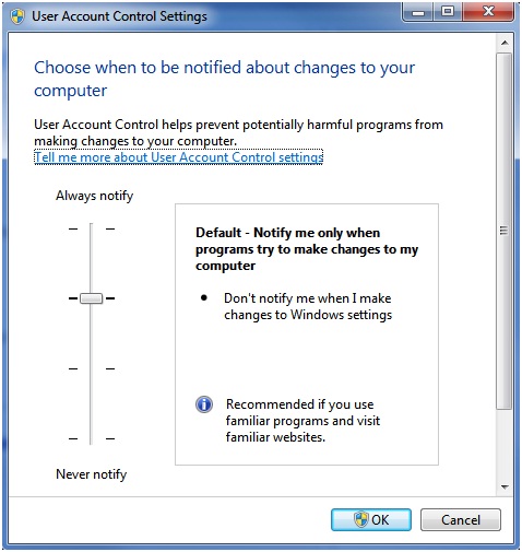 user account control slider in windows 7