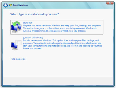 windows 7 which type of installation do you want upgrade