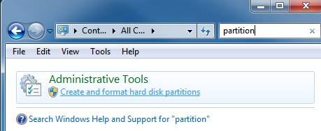access disk management control panel in windows 7 and vista