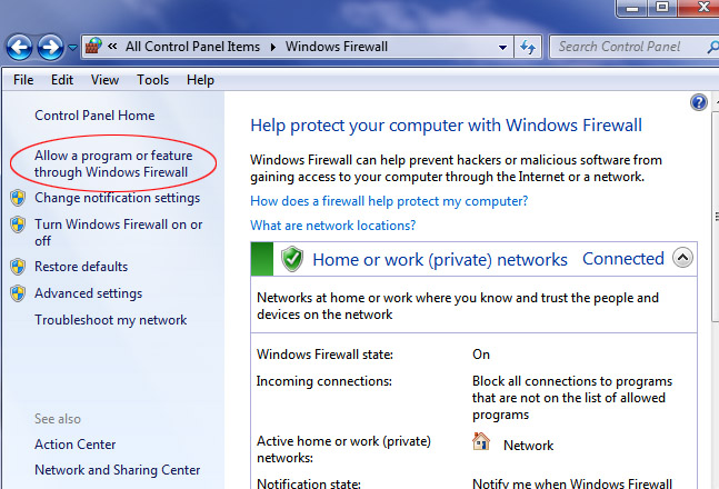 allow a program or feature through windows 7 firewall