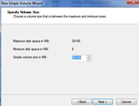 specifying volume size windows 7