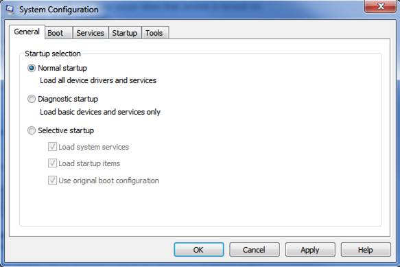 msconfig utility windows 7 general tab