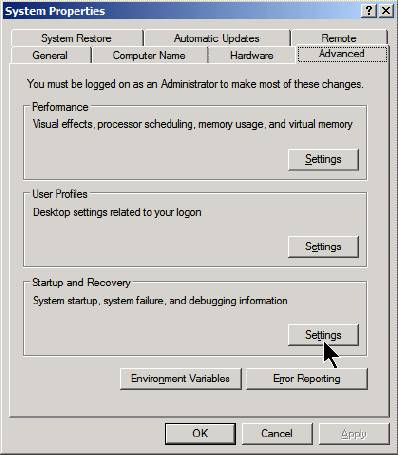 windows system properties start and recovery 