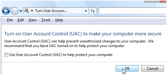 uac windows vista off option