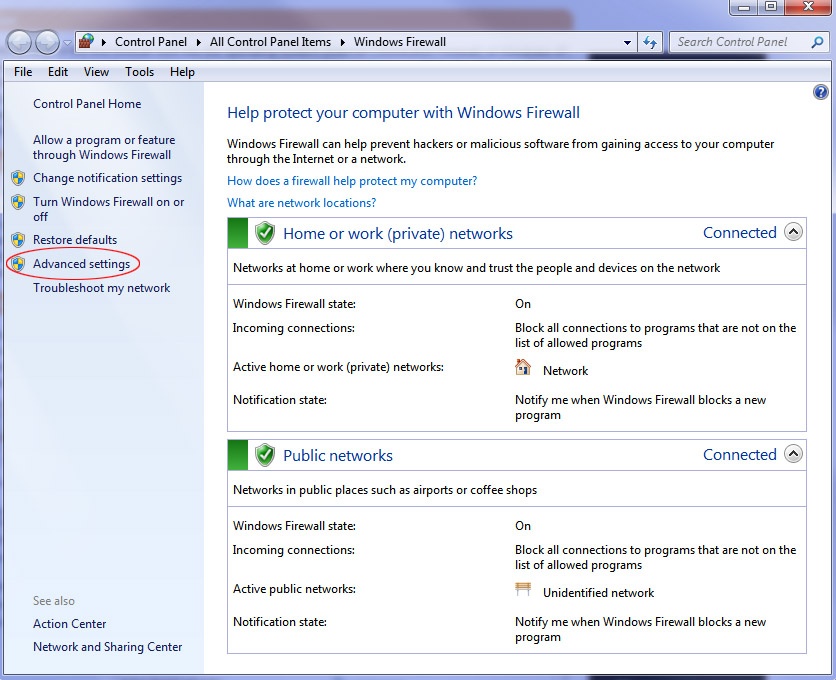windows 7 firewall control panel