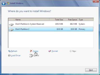 windows 7 partition setup screen shot