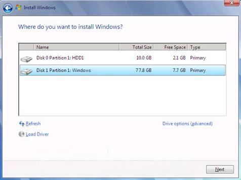 windows 7 screenshot partition portion of setup