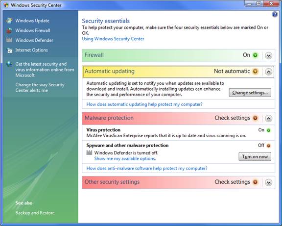 windows security center settings