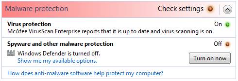 windows vista security center malware settings