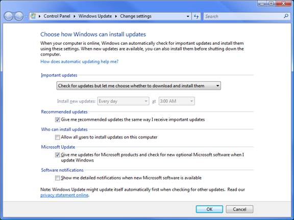 windows vista automatic update settings